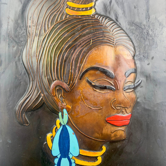 Copper enamelled African tribal woman mid century artwork