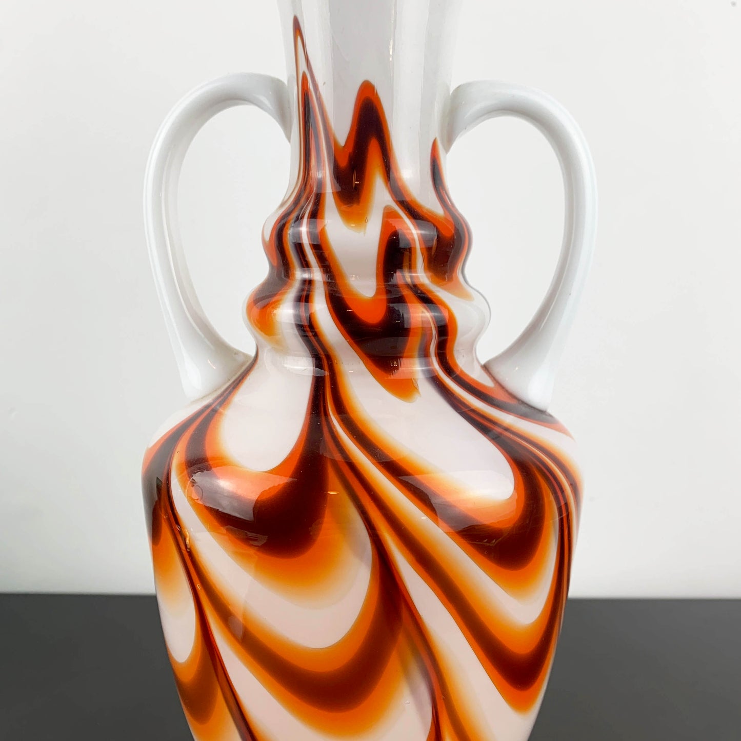 Vetreria Barbieri Empoli Cased Milk Glass Marbled Twin Handled Vase