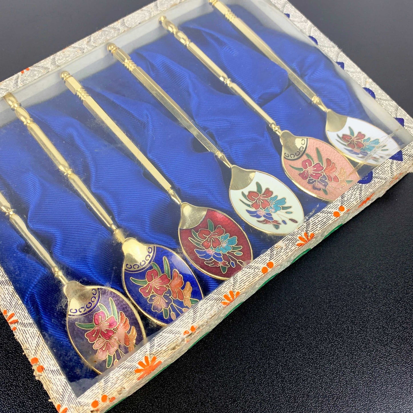 Floral Cloisonne Enamel Teaspoons: Boxed Set of 6