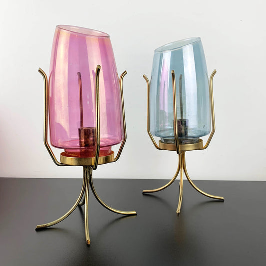 Atomic Lustre Glass Hurricane Candle Holder on Brass Legs