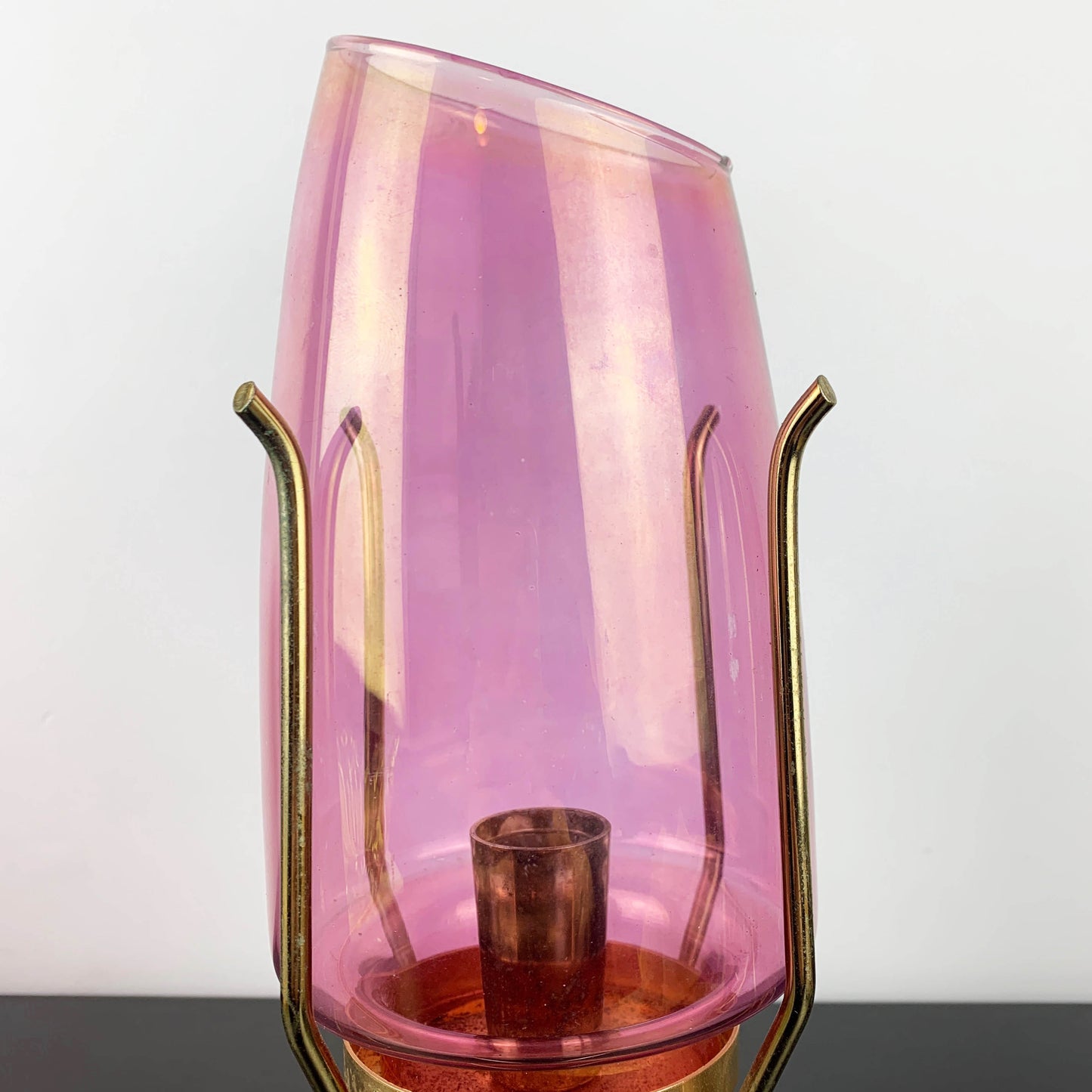 Atomic Lustre Glass Hurricane Candle Holder on Brass Legs