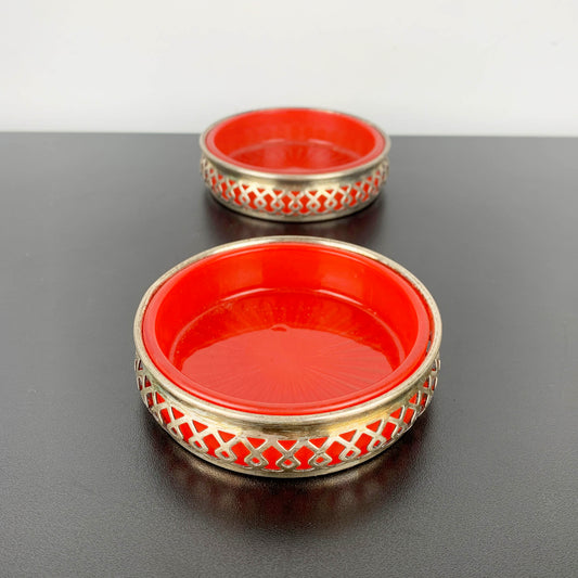 Silver Plated Bottle Coaster/Condiment Bowl with Red Glass Inserts: Set of 2