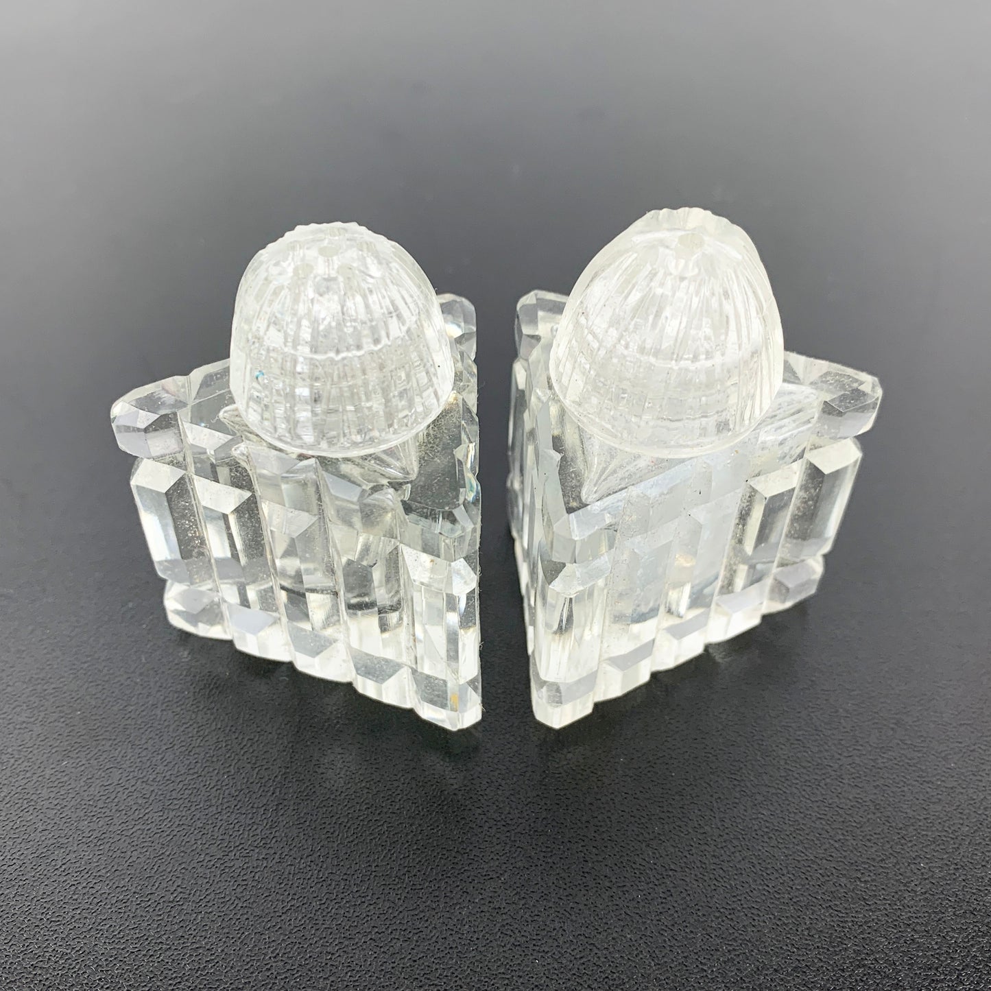Glass Triangle Shaped Salt and Pepper Shaker Set on Tray