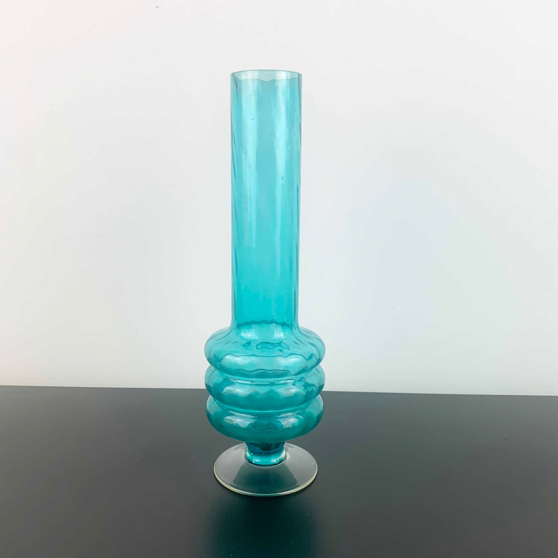 Mid Century Teal 3 Ring Stemmed Glass Vase
