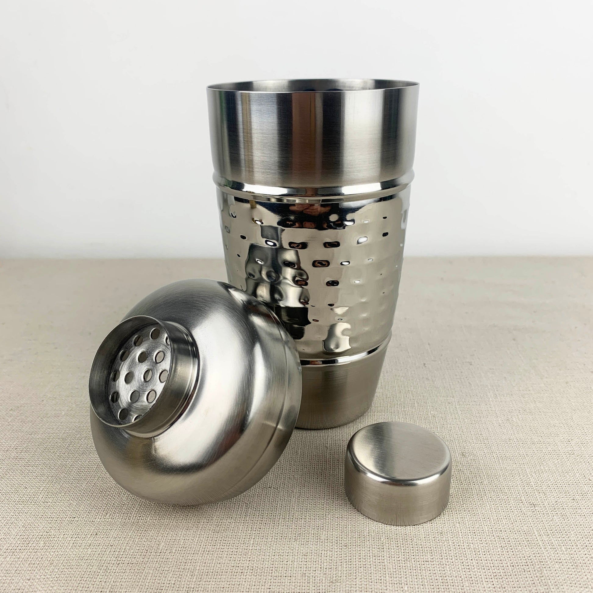 Silver cocktail shaker with hammered finish