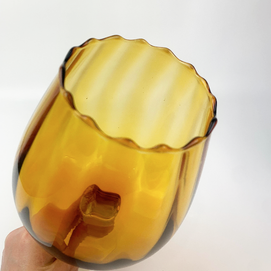Oversize amber brandy balloon art glass with wavy rim