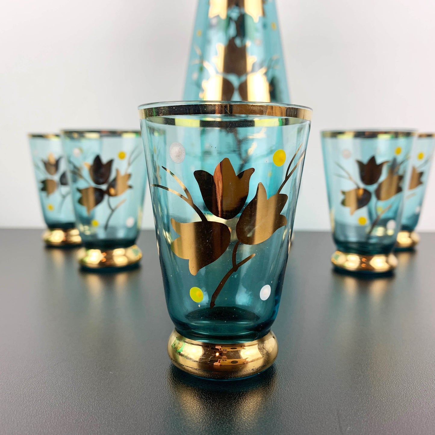 Amida Czechoslovakia Aqua and Gold Decanter Set