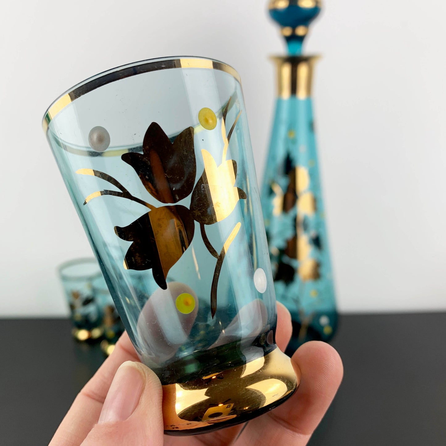 Amida Czechoslovakia Aqua and Gold Decanter Set