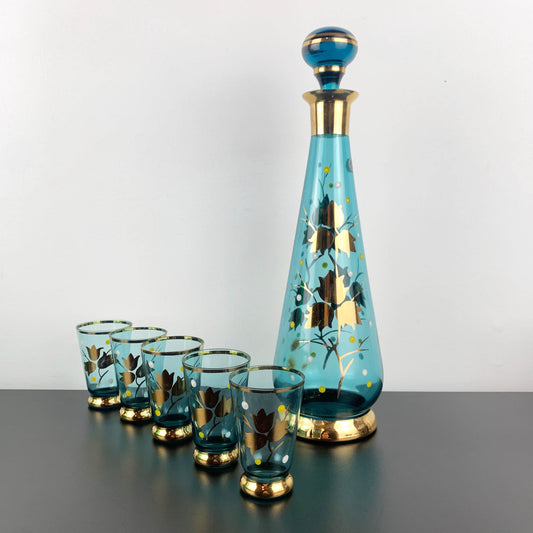 Amida Czechoslovakia Aqua and Gold Decanter Set