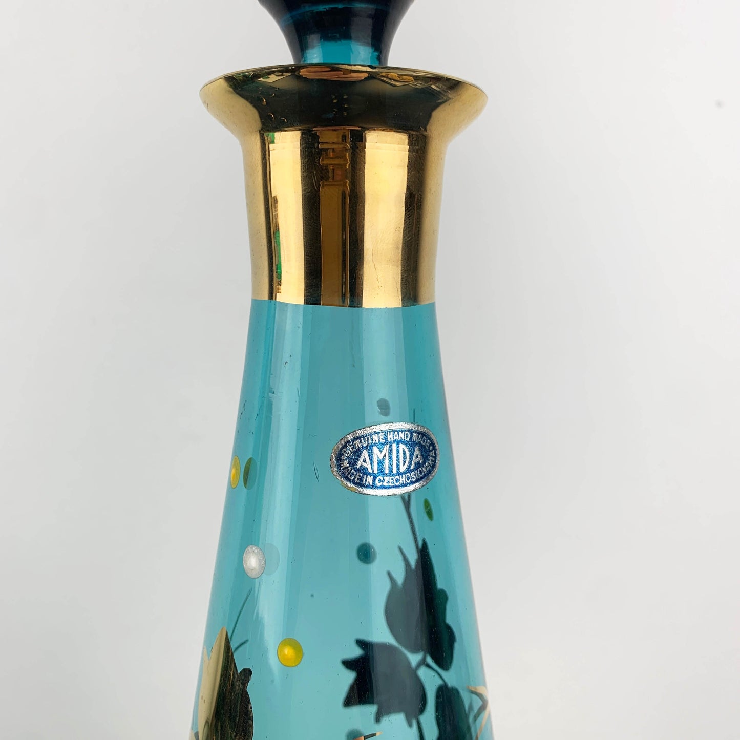 Amida Czechoslovakia Aqua and Gold Decanter Set