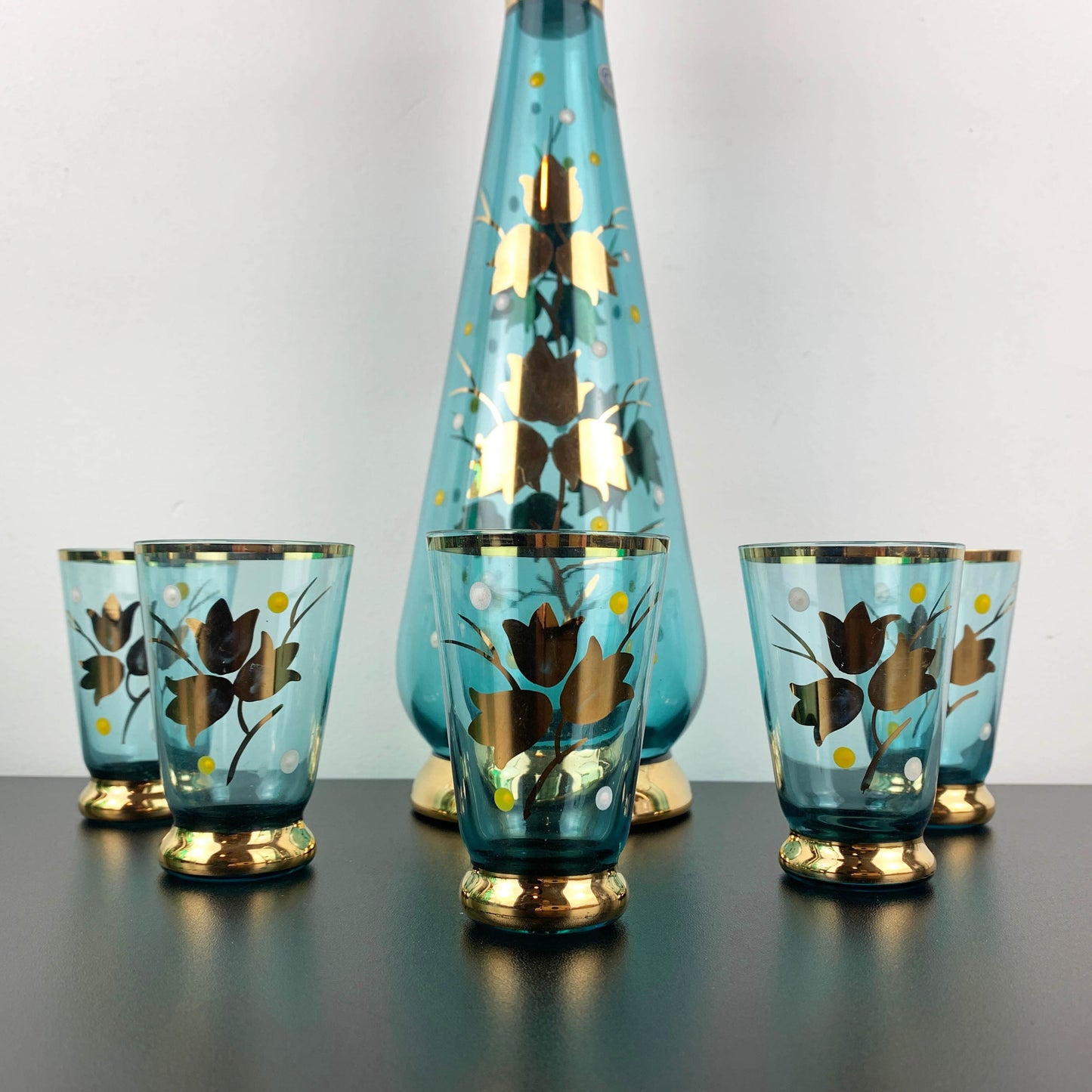 Amida Czechoslovakia Aqua and Gold Decanter Set