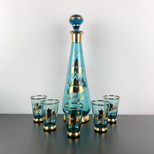 Amida Czechoslovakia Aqua and Gold Decanter Set