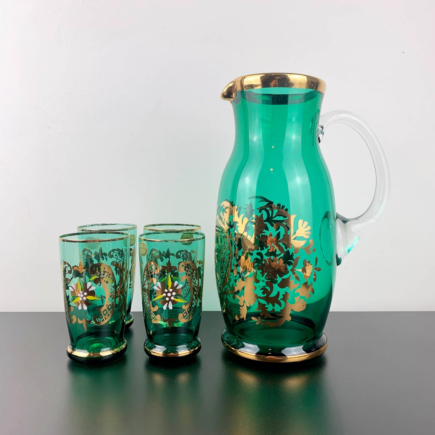 Bohemia Glass Emerald Green and Gold Lemonade Set