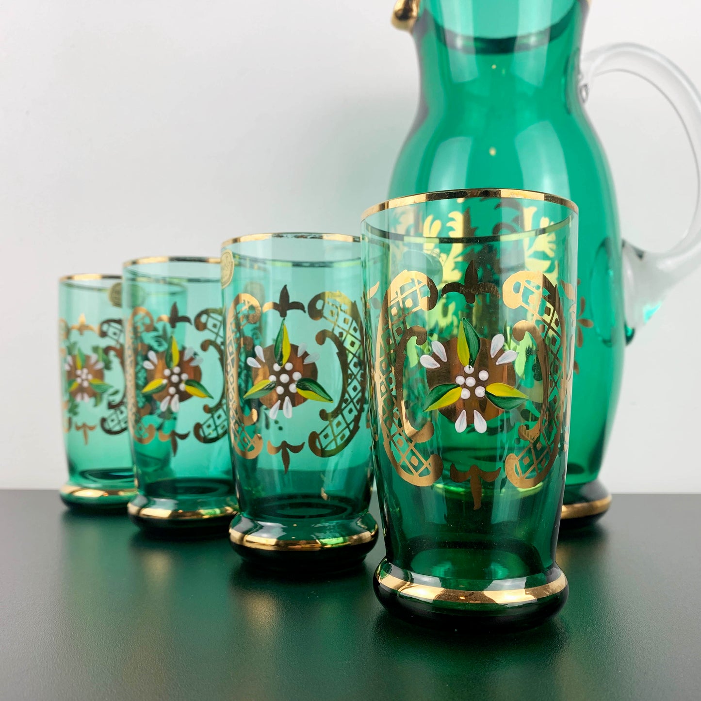 Bohemia Glass Emerald Green and Gold Lemonade Set