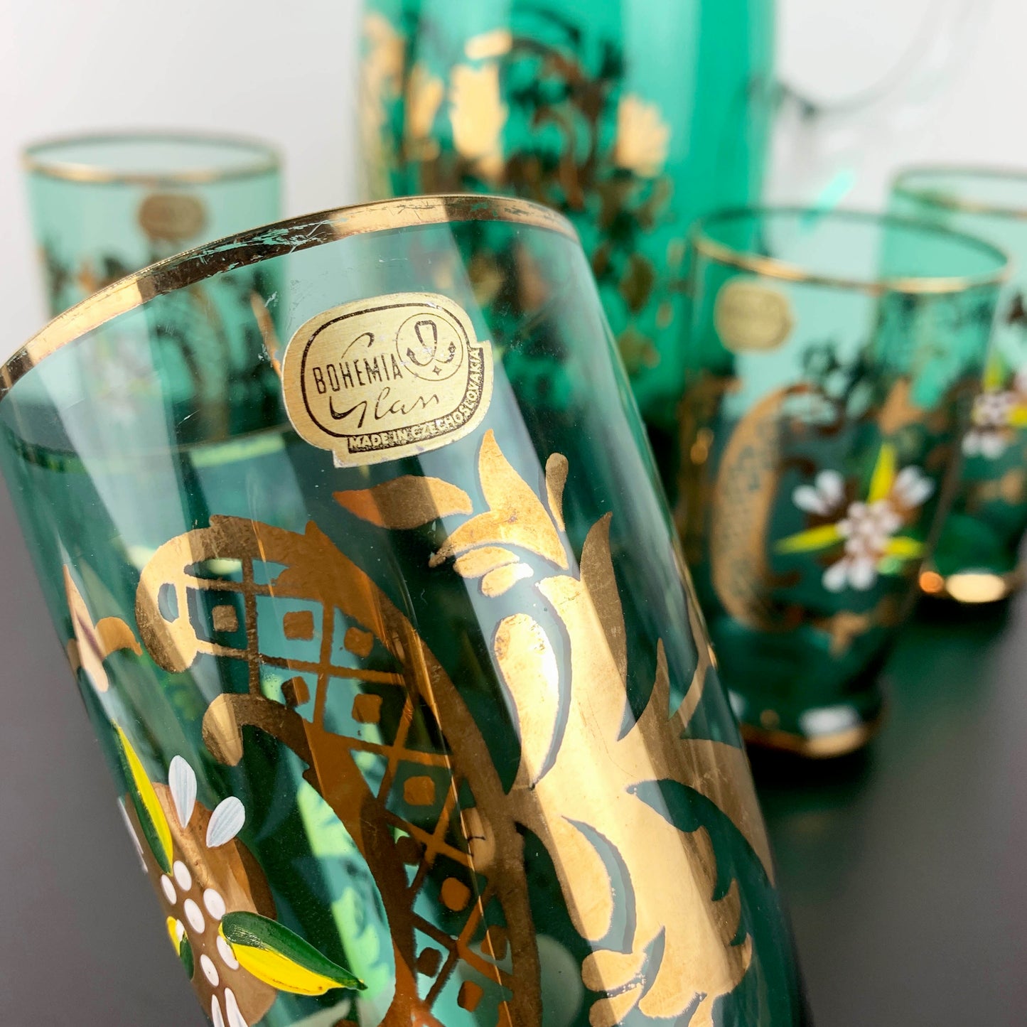 Bohemia Glass Emerald Green and Gold Lemonade Set