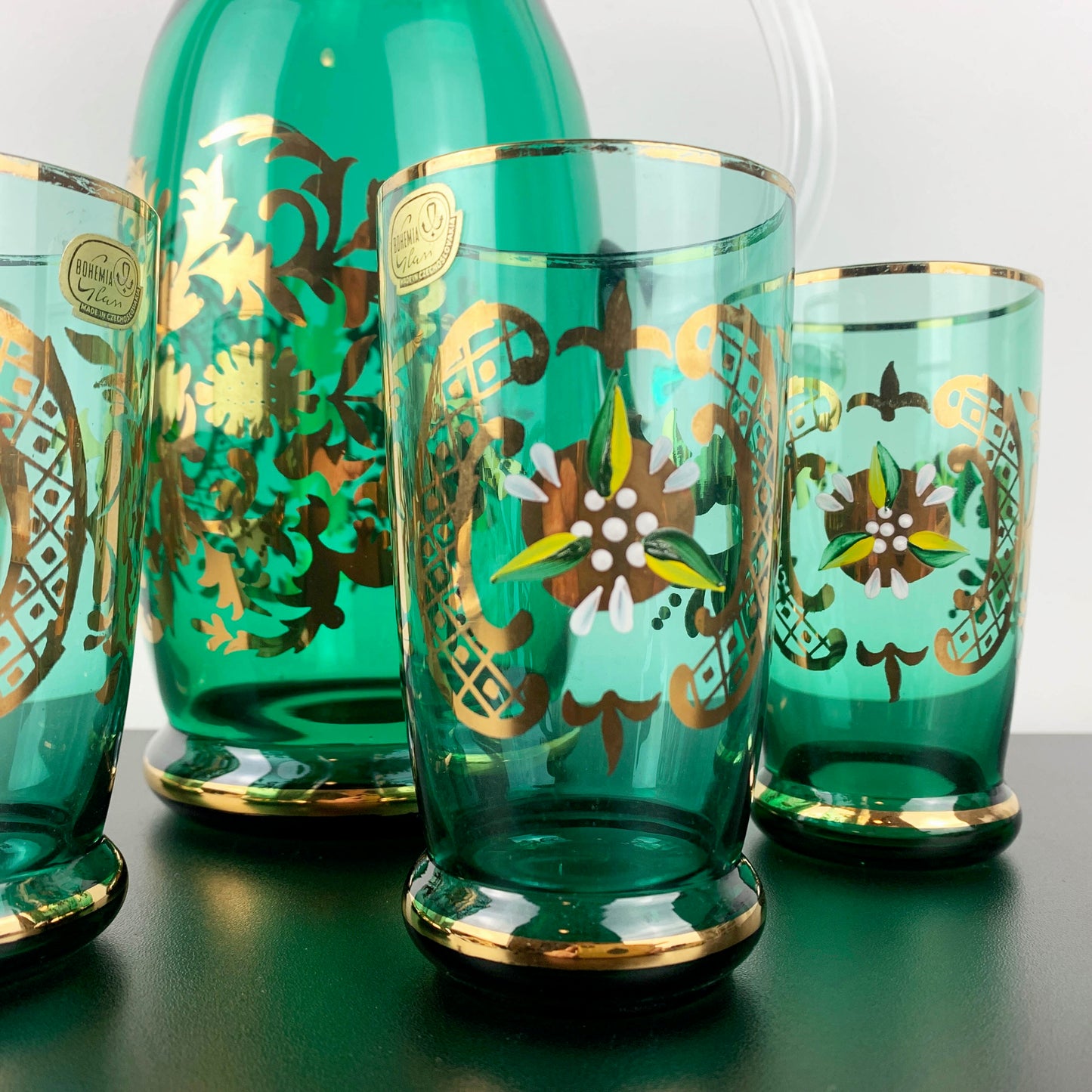 Bohemia Glass Emerald Green and Gold Lemonade Set