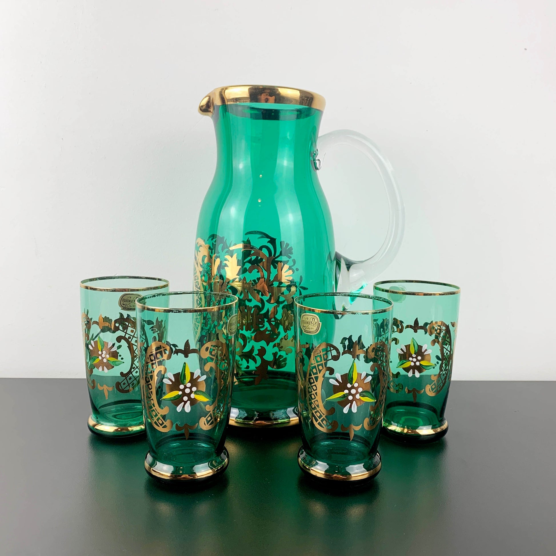Bohemia Glass Emerald Green and Gold Lemonade Set