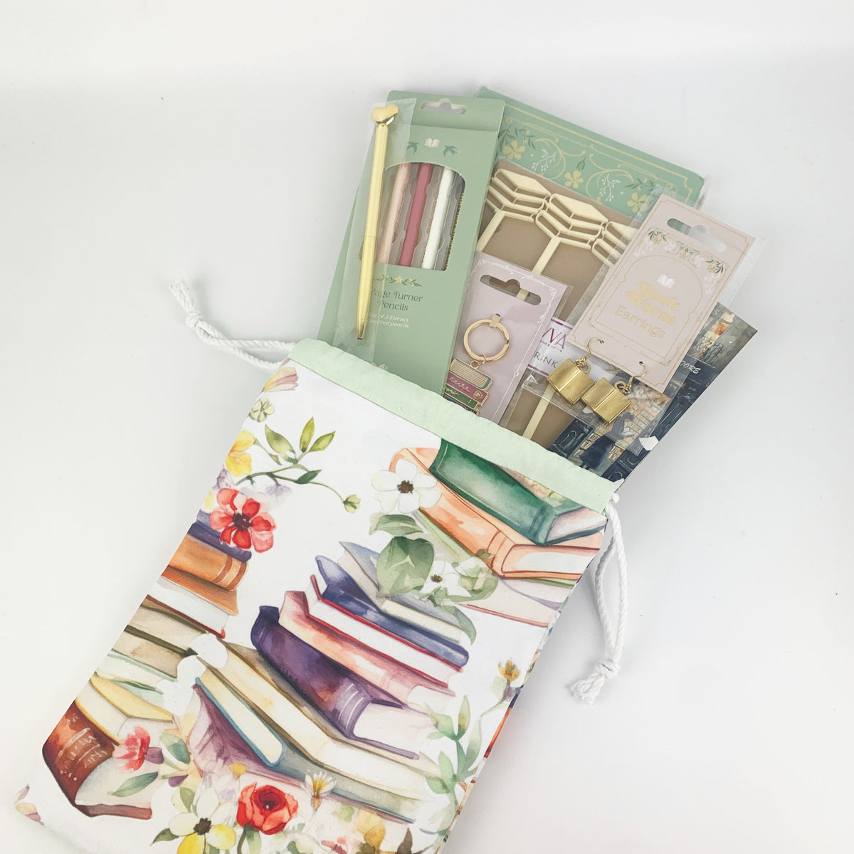 Book Lovers and Bookworm Gift in Handmade Drawstring Pouch