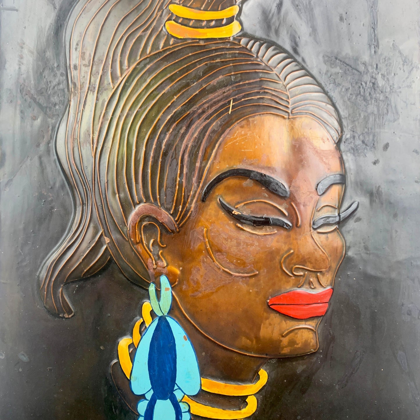 Copper enamelled African tribal woman mid century artwork