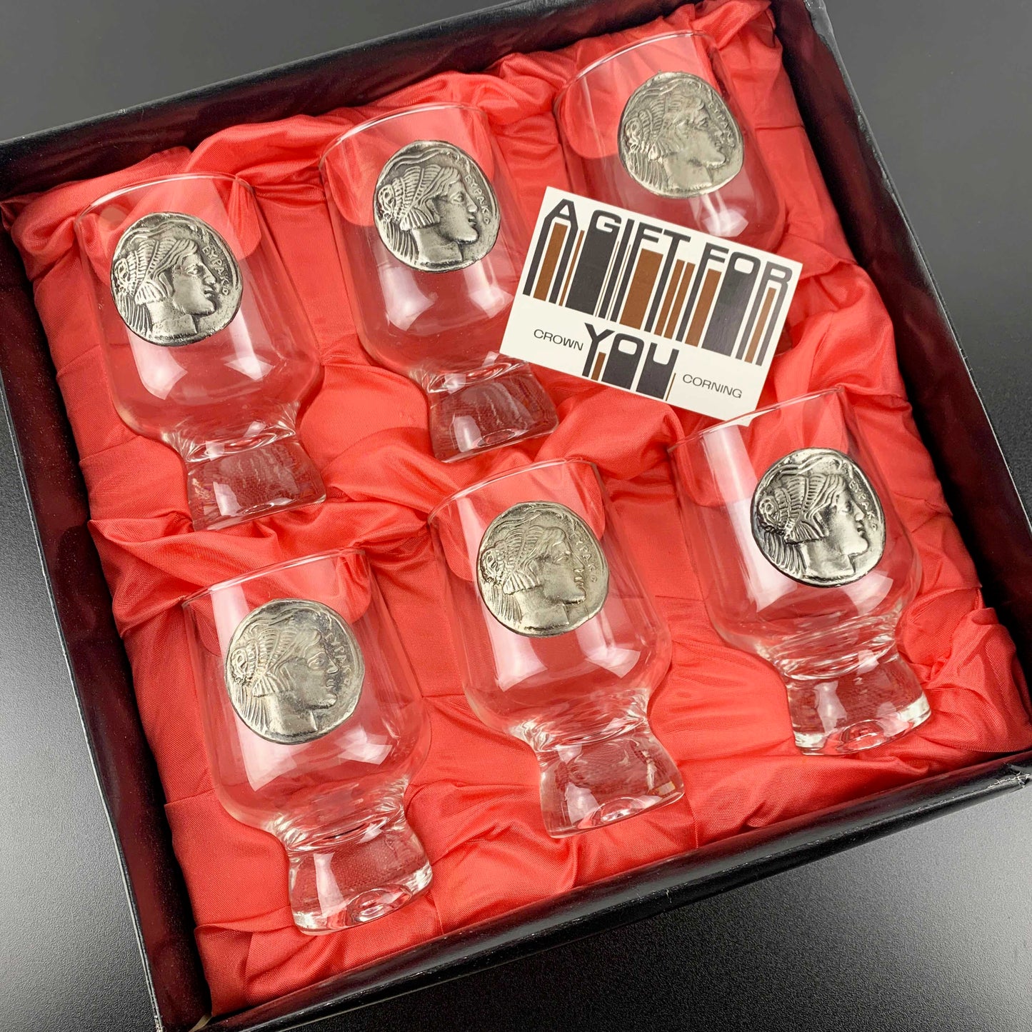 Crown Corning Regis Glass with Greek Princess Europa Medallion - Boxed Set of 6