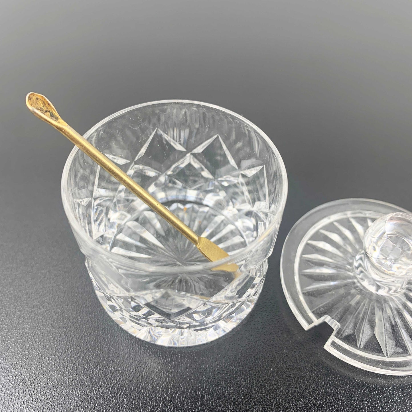 Diamond cut crystal mustard and condiment pot with gold shovel
