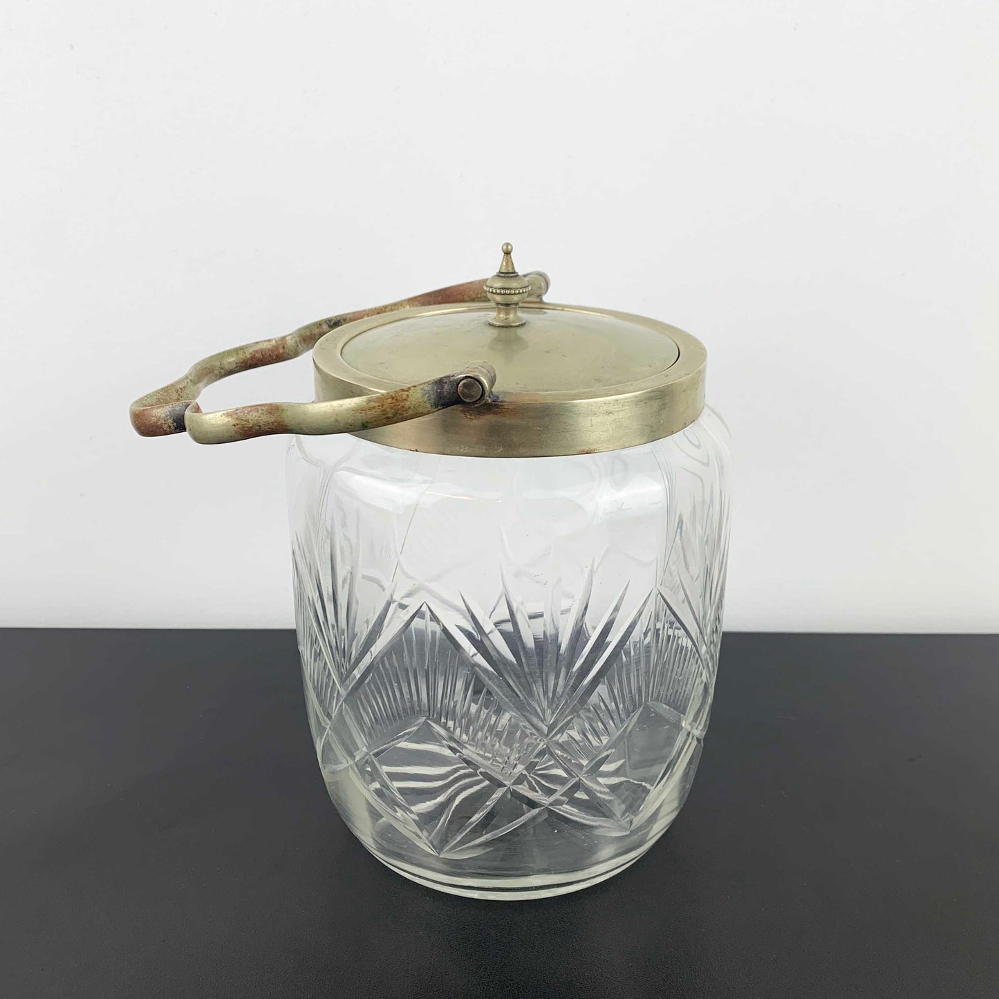 Antique Crystal Biscuit Barrel with Ornate Handle