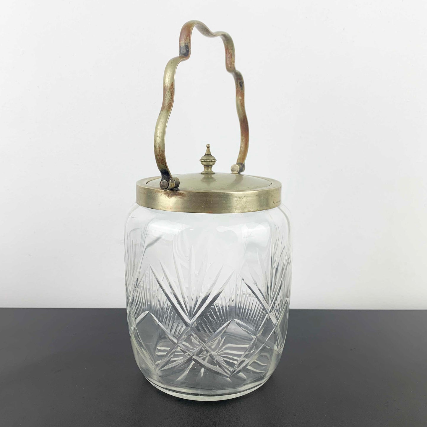 Antique Crystal Biscuit Barrel with Ornate Handle