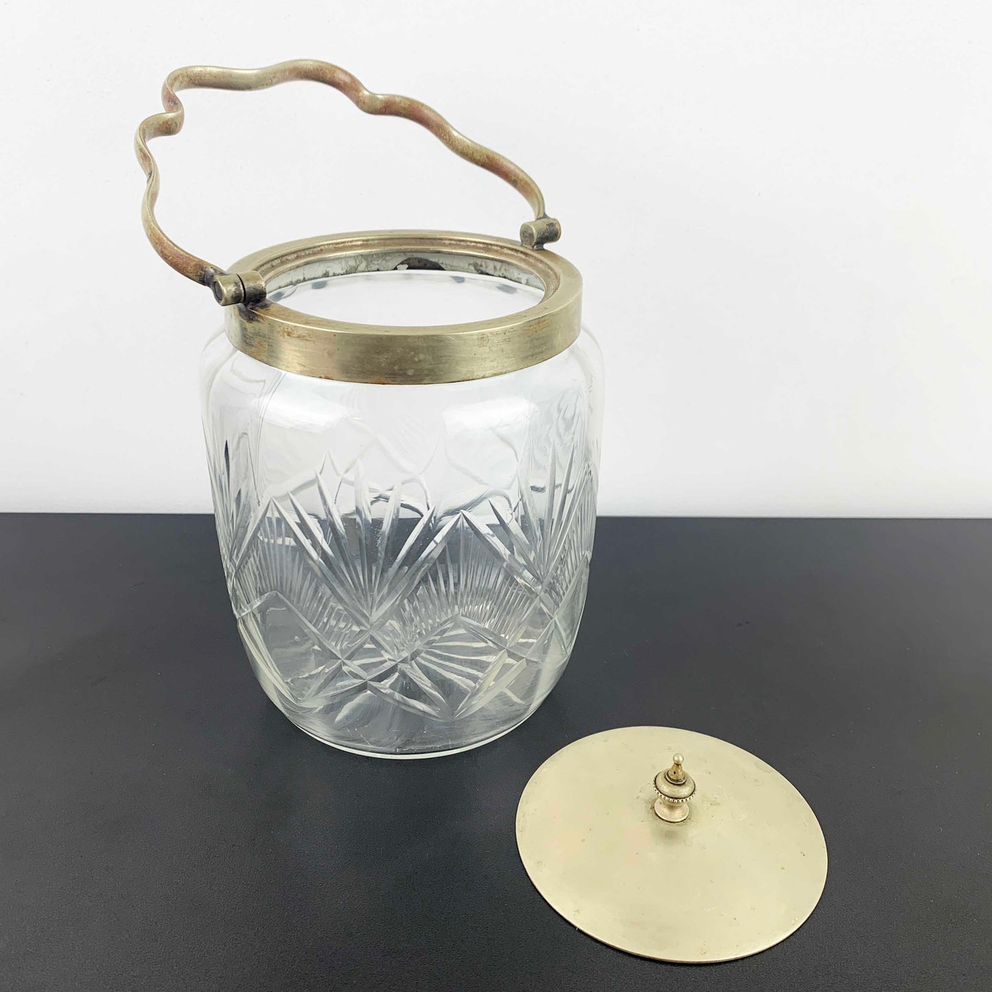 Antique Crystal Biscuit Barrel with Ornate Handle
