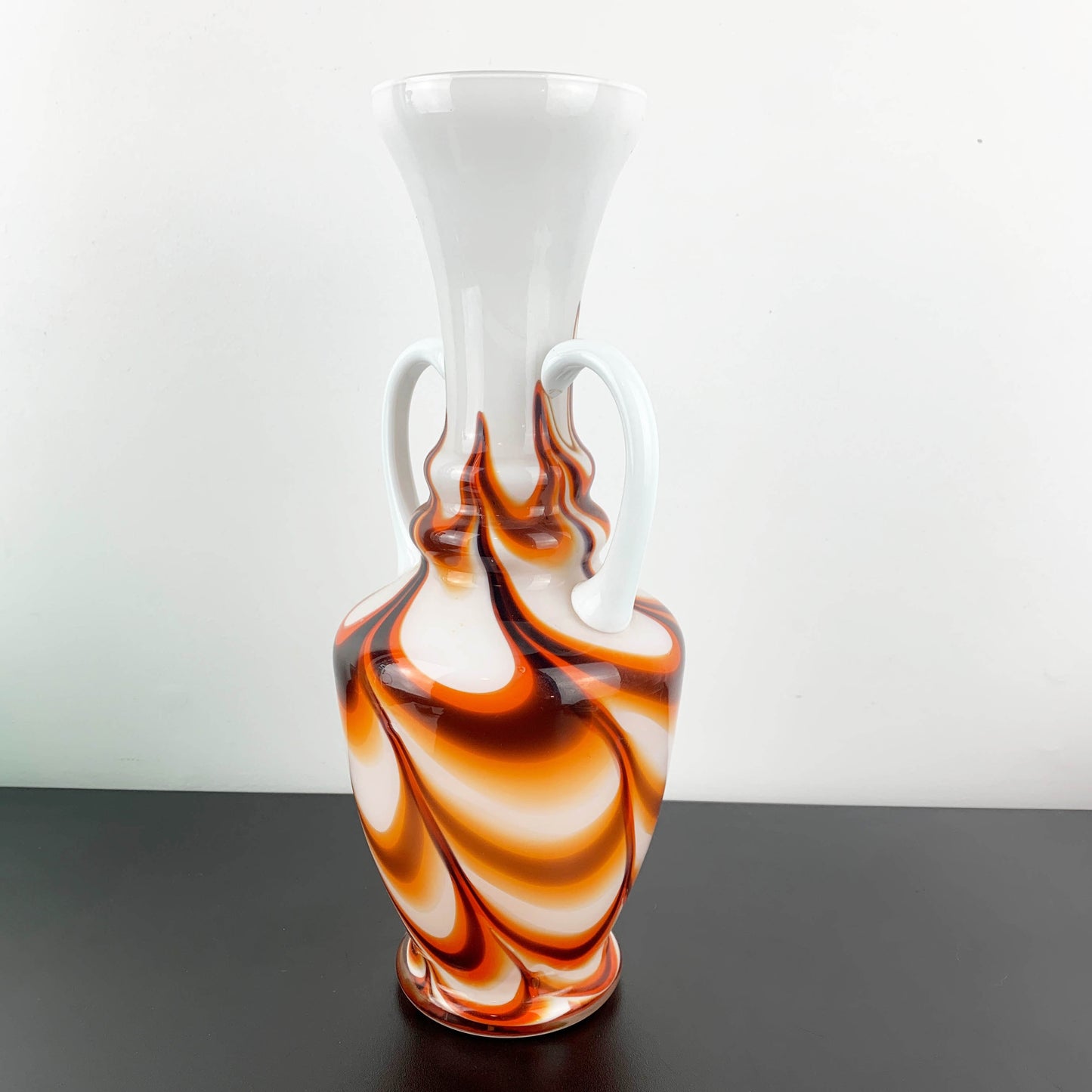 Vetreria Barbieri Empoli Cased Milk Glass Marbled Twin Handled Vase