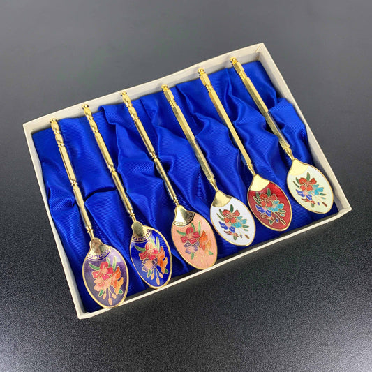 Floral Cloisonne Enamel Teaspoons: Boxed Set of 6