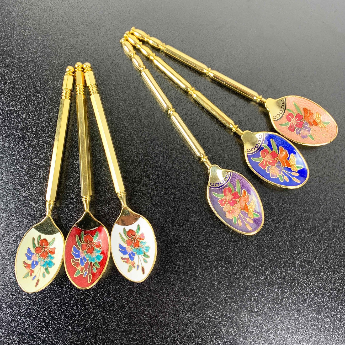 Floral Cloisonne Enamel Teaspoons: Boxed Set of 6