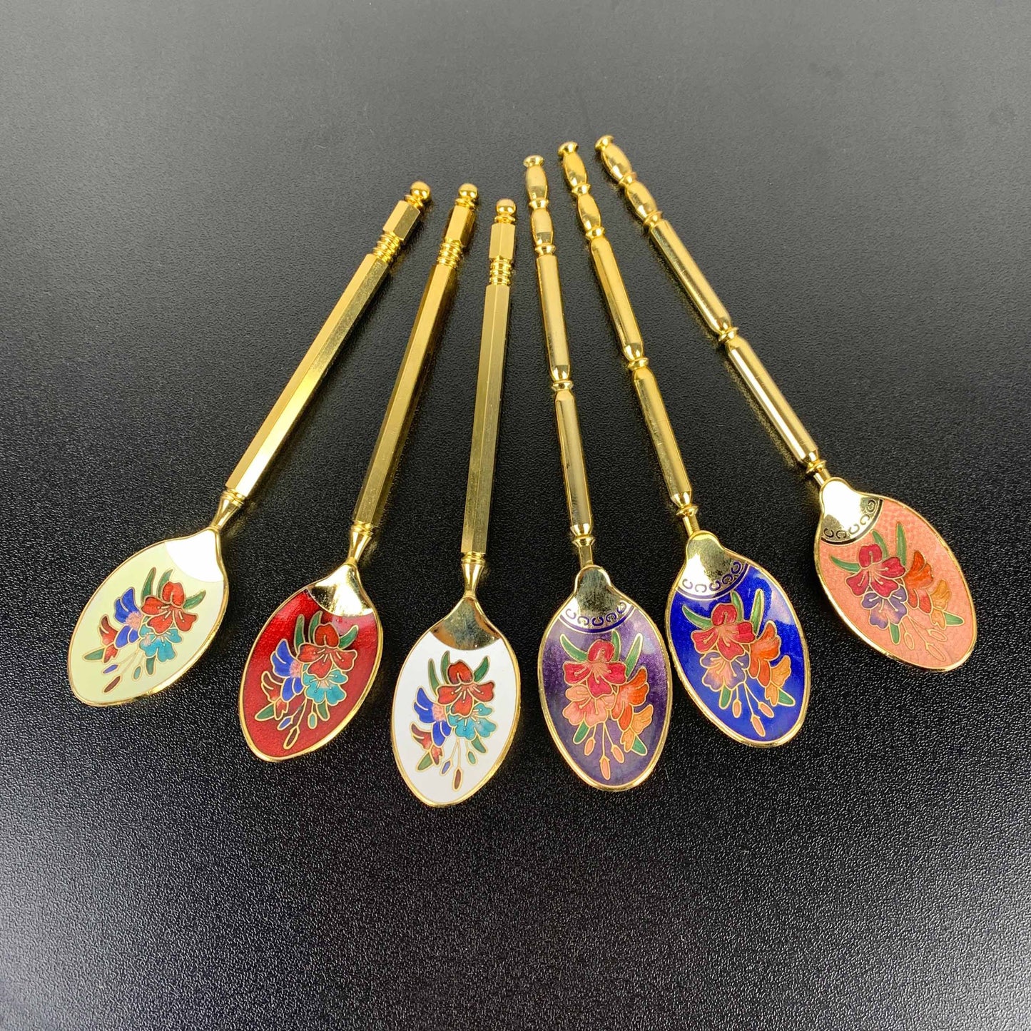 Floral Cloisonne Enamel Teaspoons: Boxed Set of 6