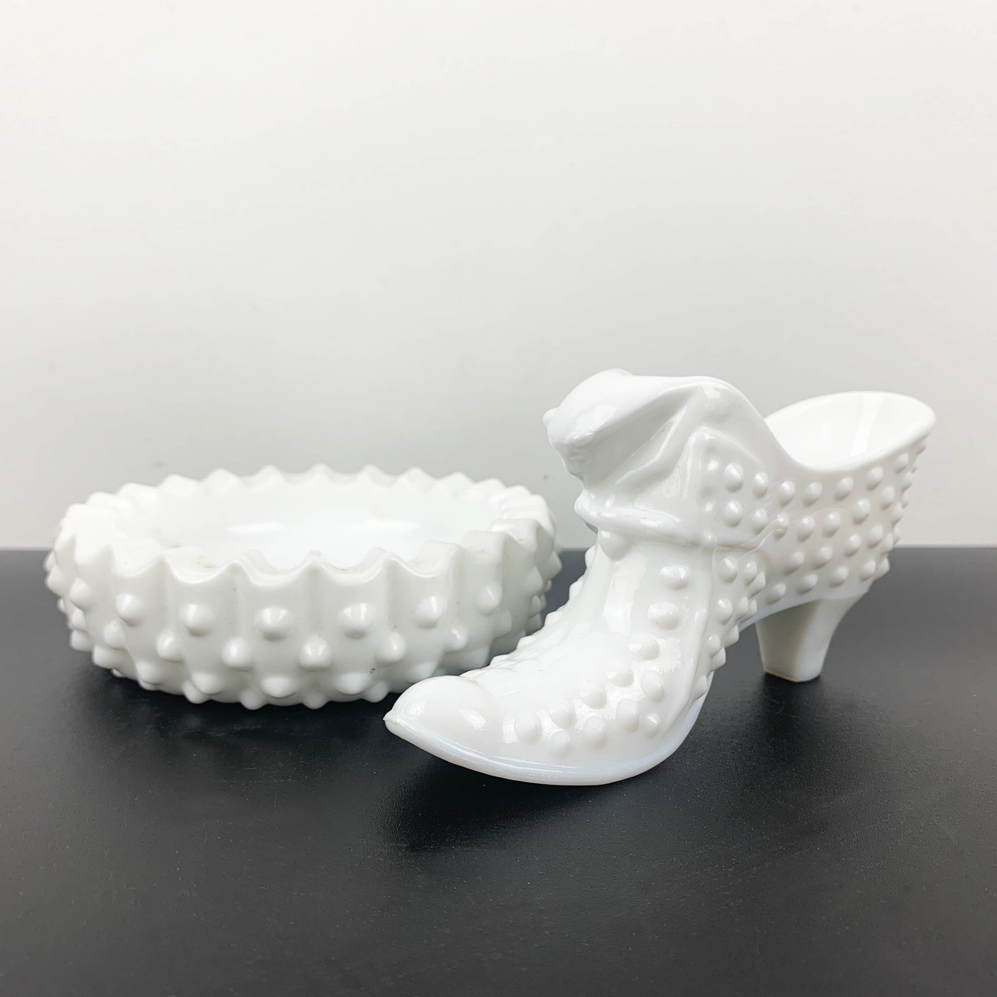 Fenton hobnail milk glass bowl and shoe ornament - Set of 2