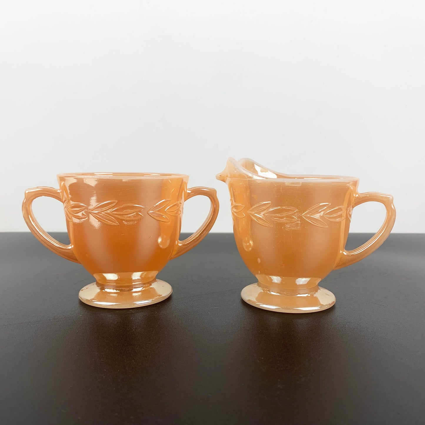 Anchor Hocking Peach Lustreware Sugar Bowl and Creamer Set