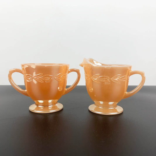 Anchor Hocking Peach Lustreware Sugar Bowl and Creamer Set