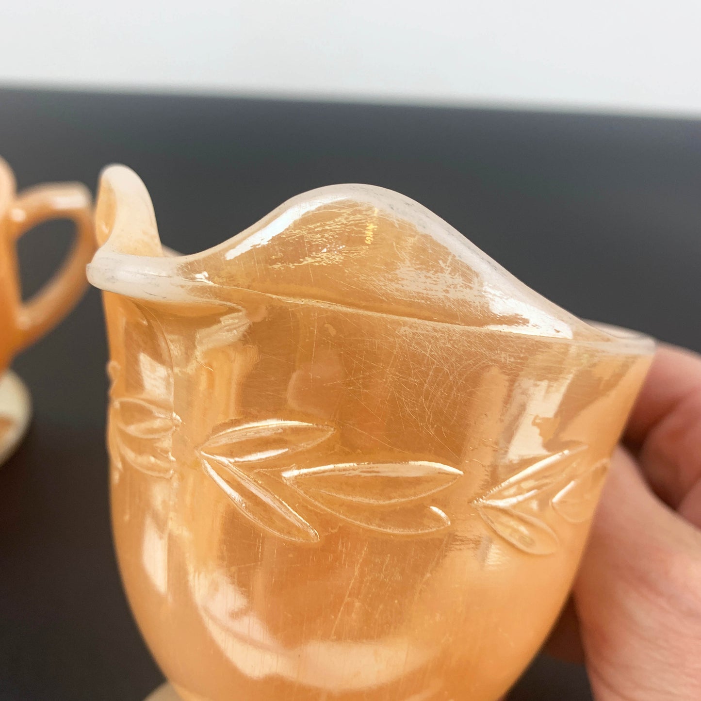 Anchor Hocking Peach Lustreware Sugar Bowl and Creamer Set