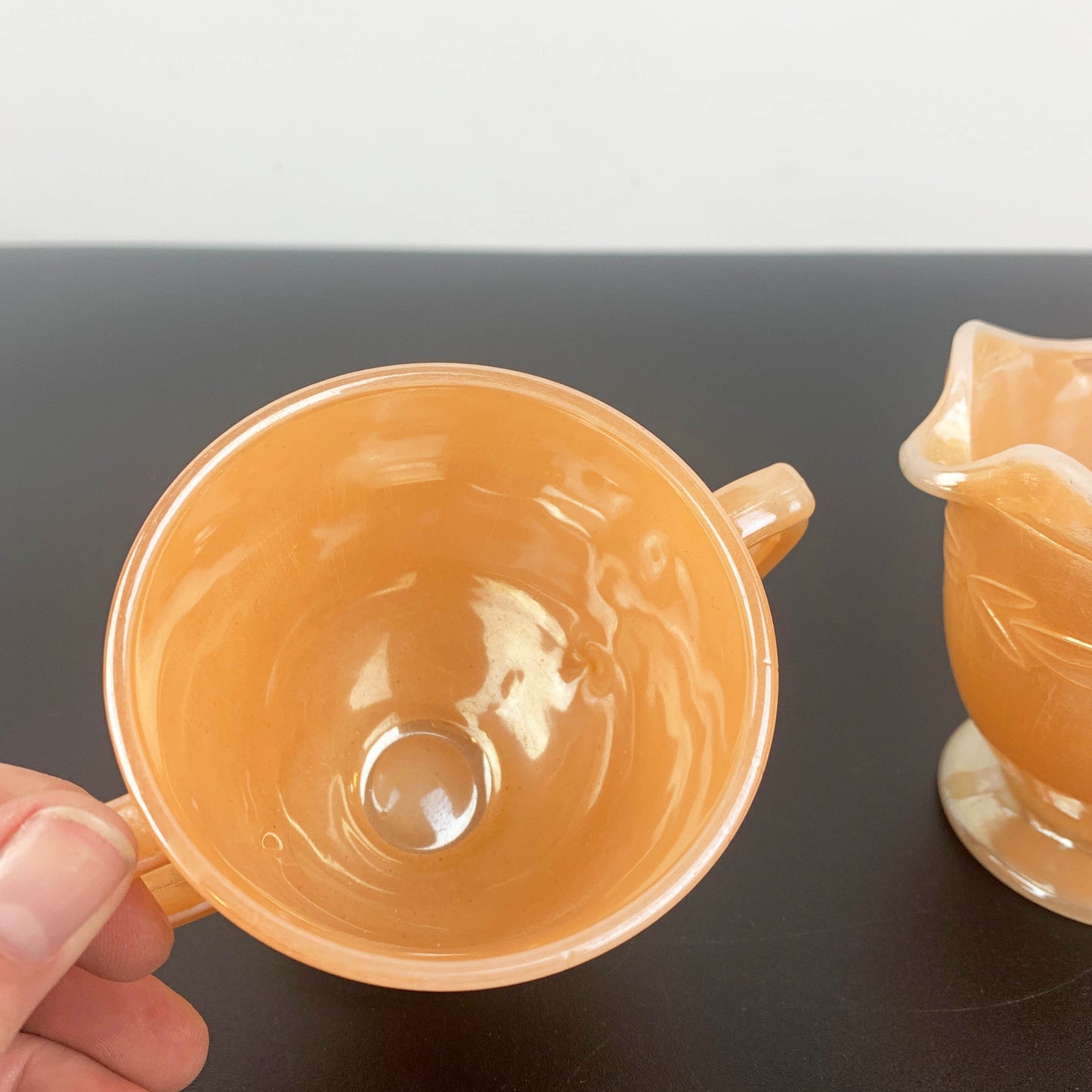 Anchor Hocking Peach Lustreware Sugar Bowl and Creamer Set