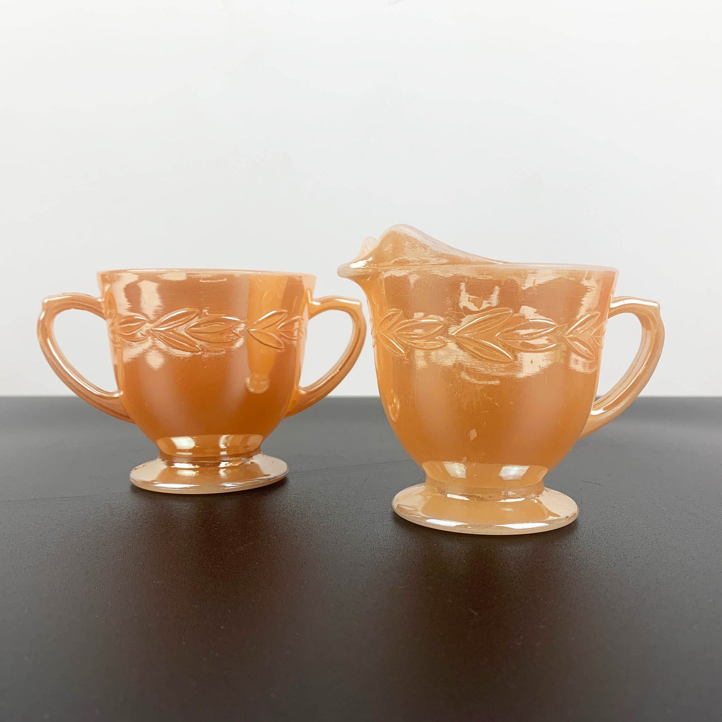 Anchor Hocking Peach Lustreware Sugar Bowl and Creamer Set