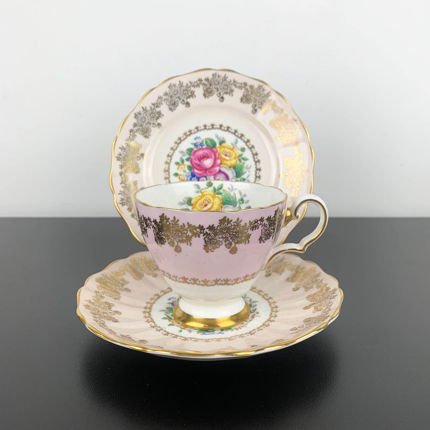 Grosvenor (Jackson & Gosling) Laura Lee Floral Pink and Gold Gilt Trio