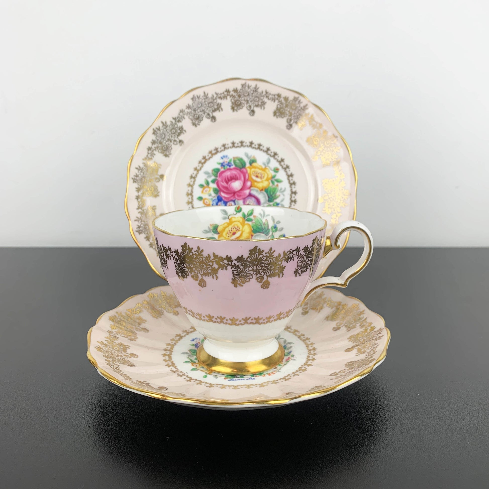 Grosvenor (Jackson & Gosling) Laura Lee Floral Pink and Gold Gilt Trio