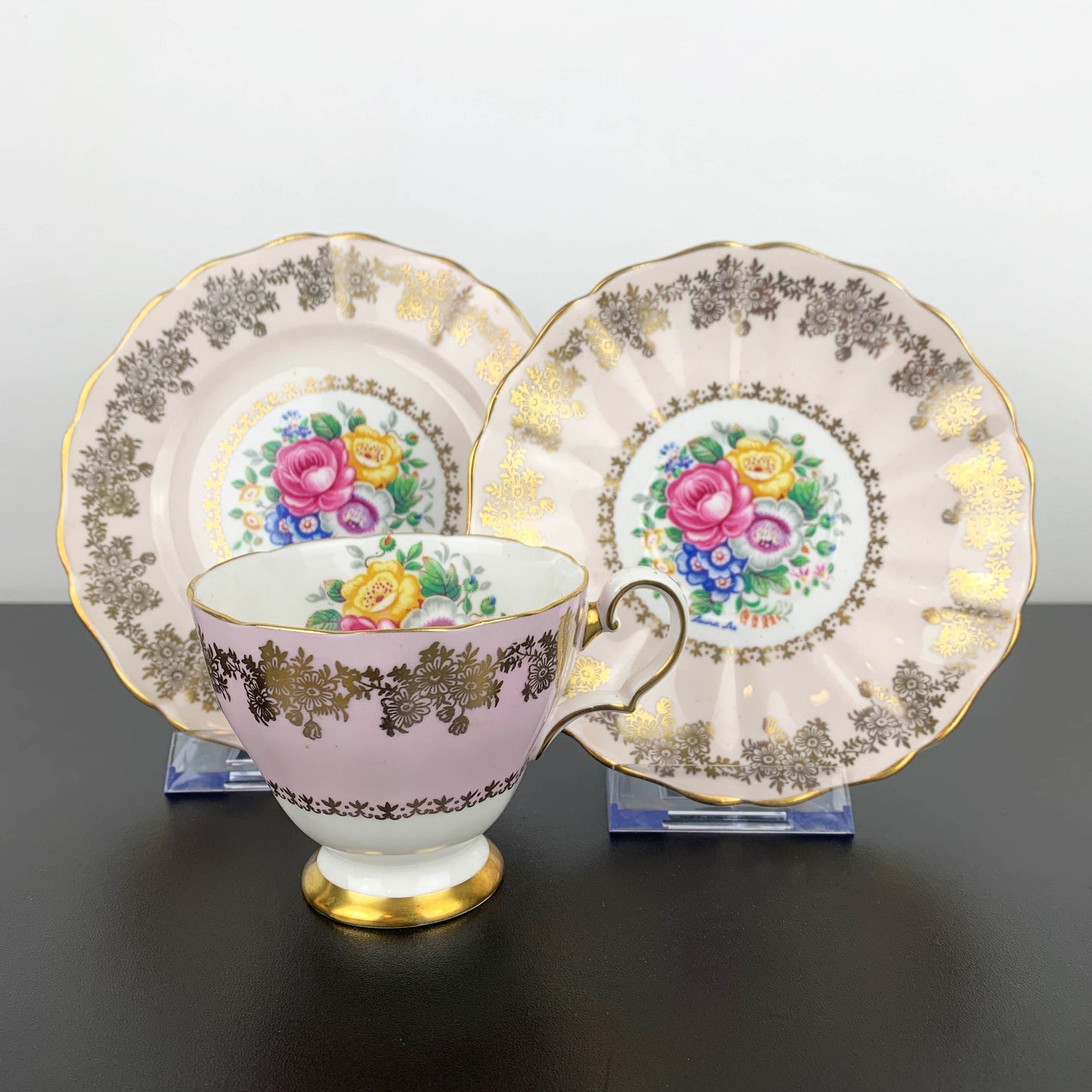 Grosvenor (Jackson & Gosling) Laura Lee Floral Pink and Gold Gilt Trio