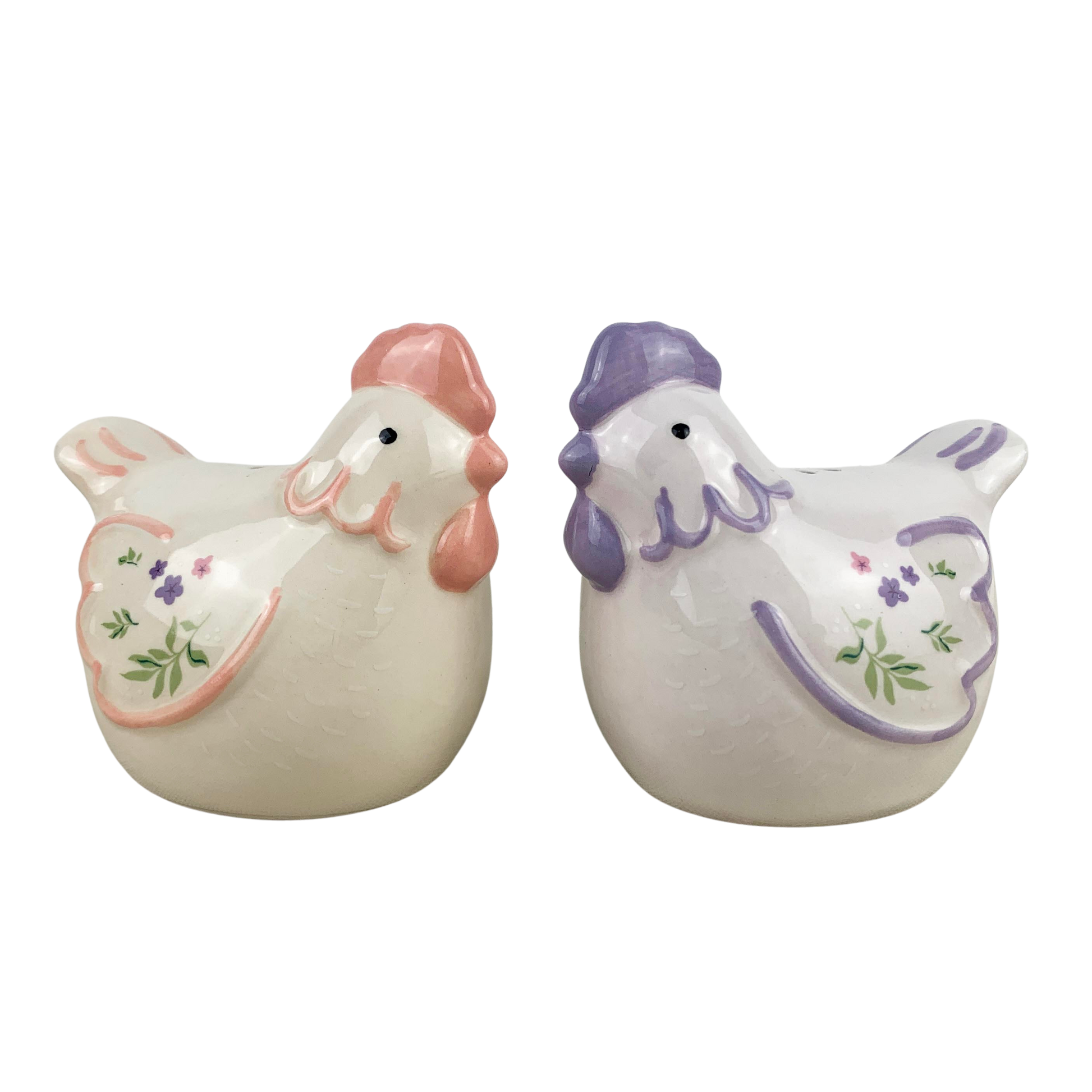 Two ceramic hen salt and pepper shakers