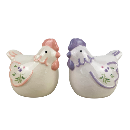 Two ceramic hen salt and pepper shakers