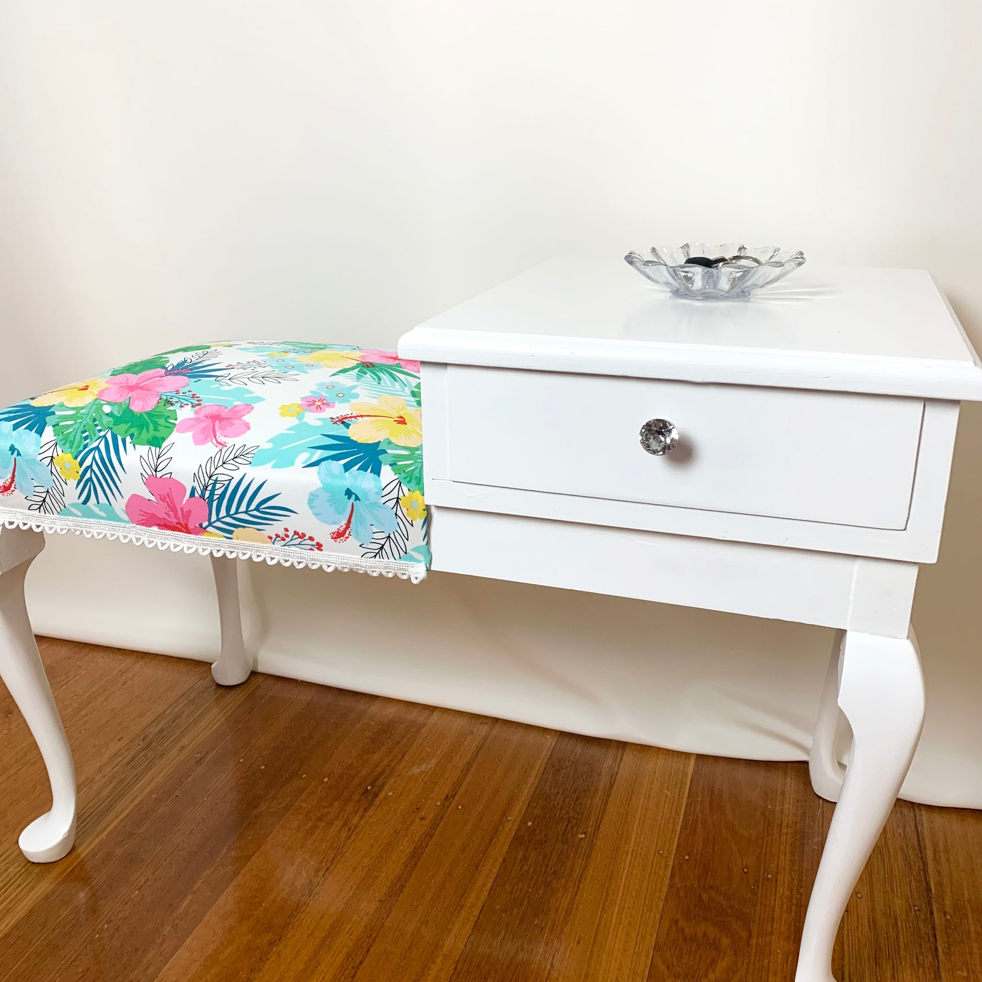 Upcycled hallway seat with bright tropical fabric