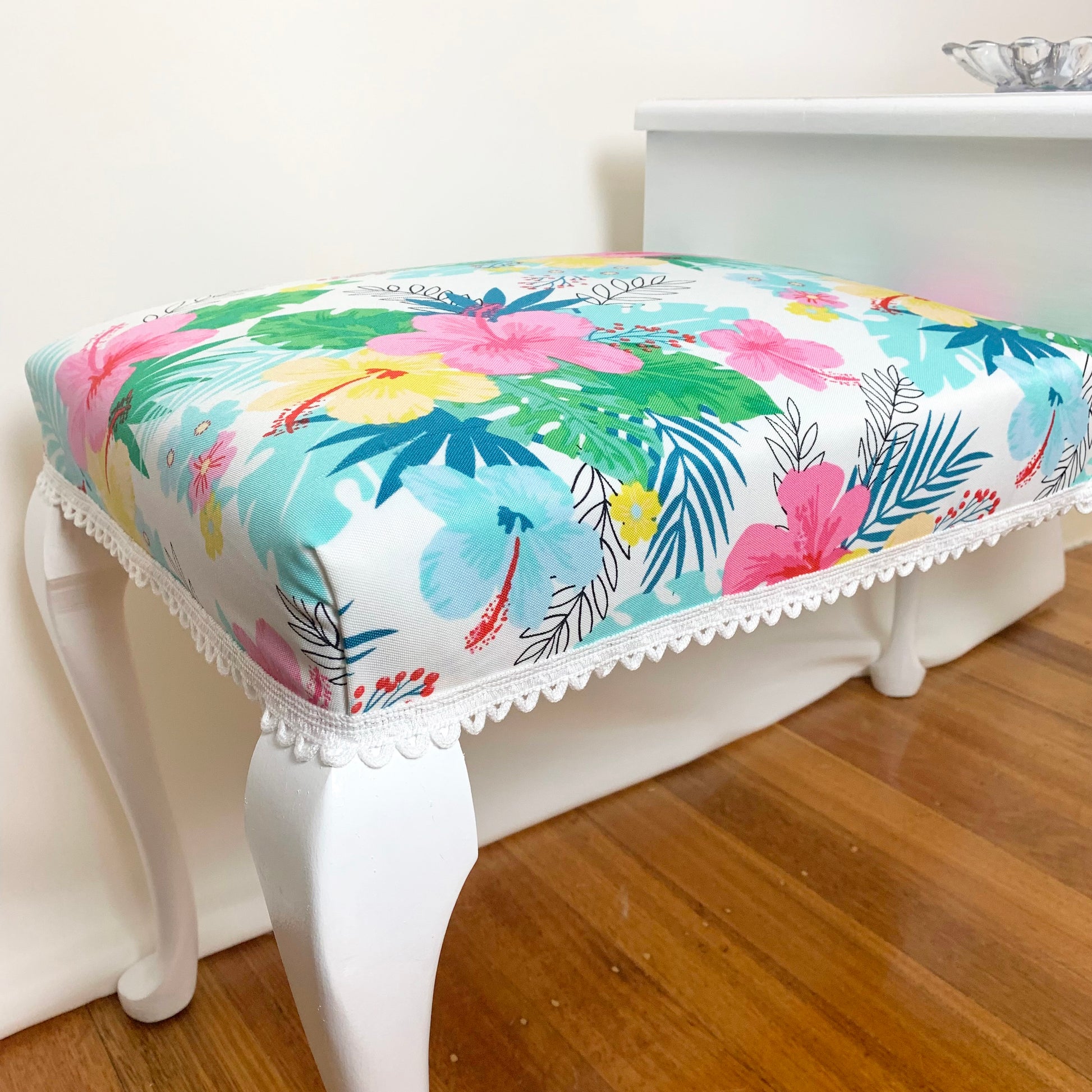 Tropical floral fabric used on upcycled telephone table