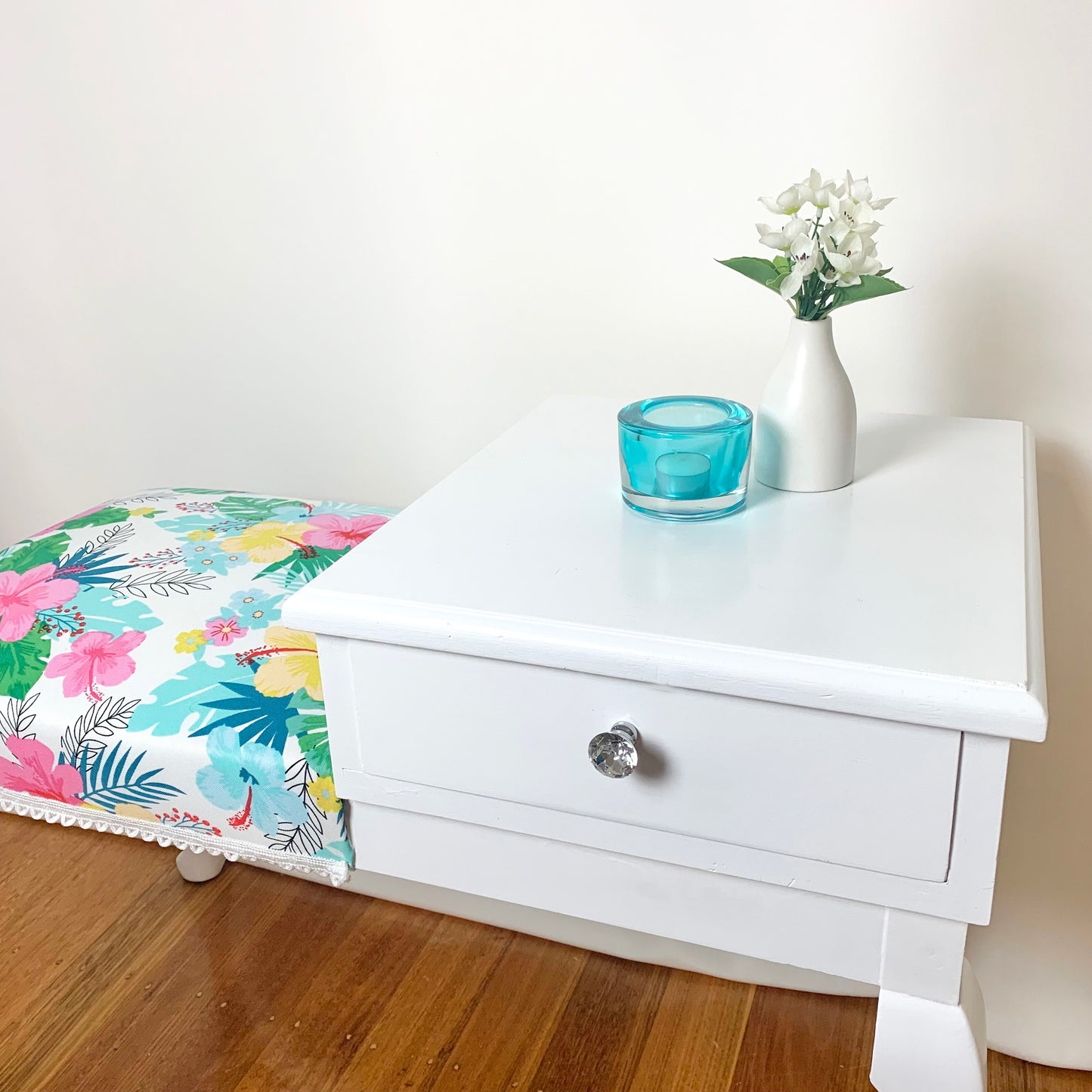 White telephone table with upholstered seat