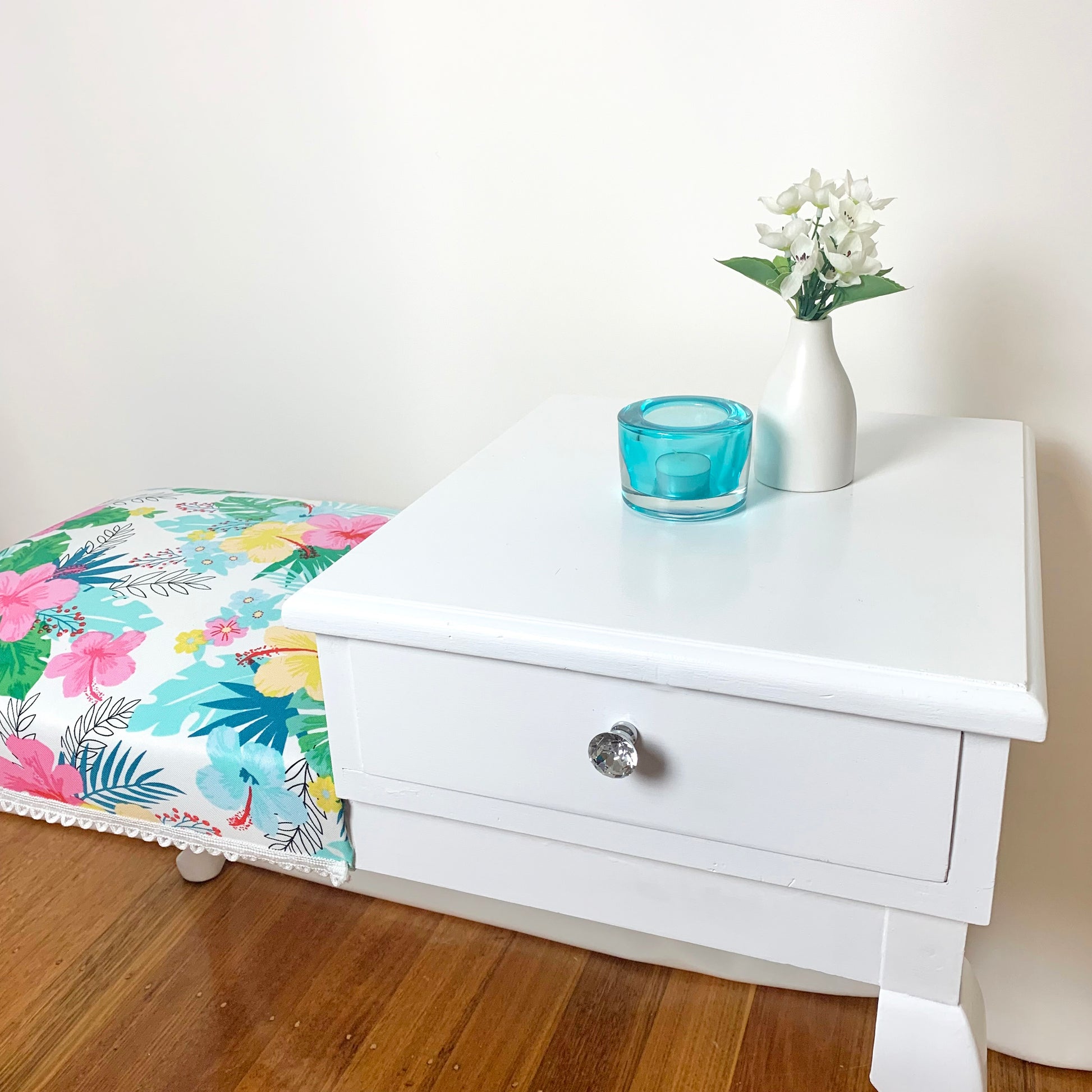 White telephone table with upholstered seat