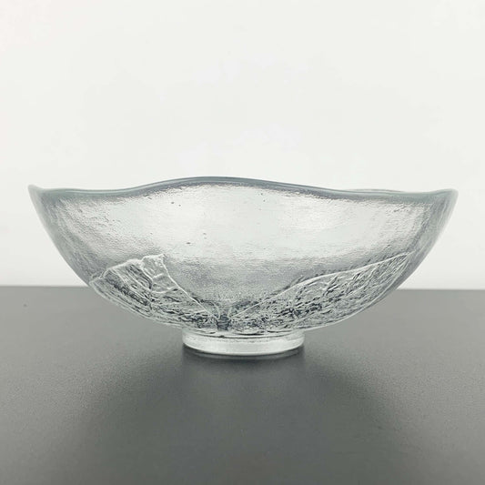 Clear glass bowl on a gray surface with a white background