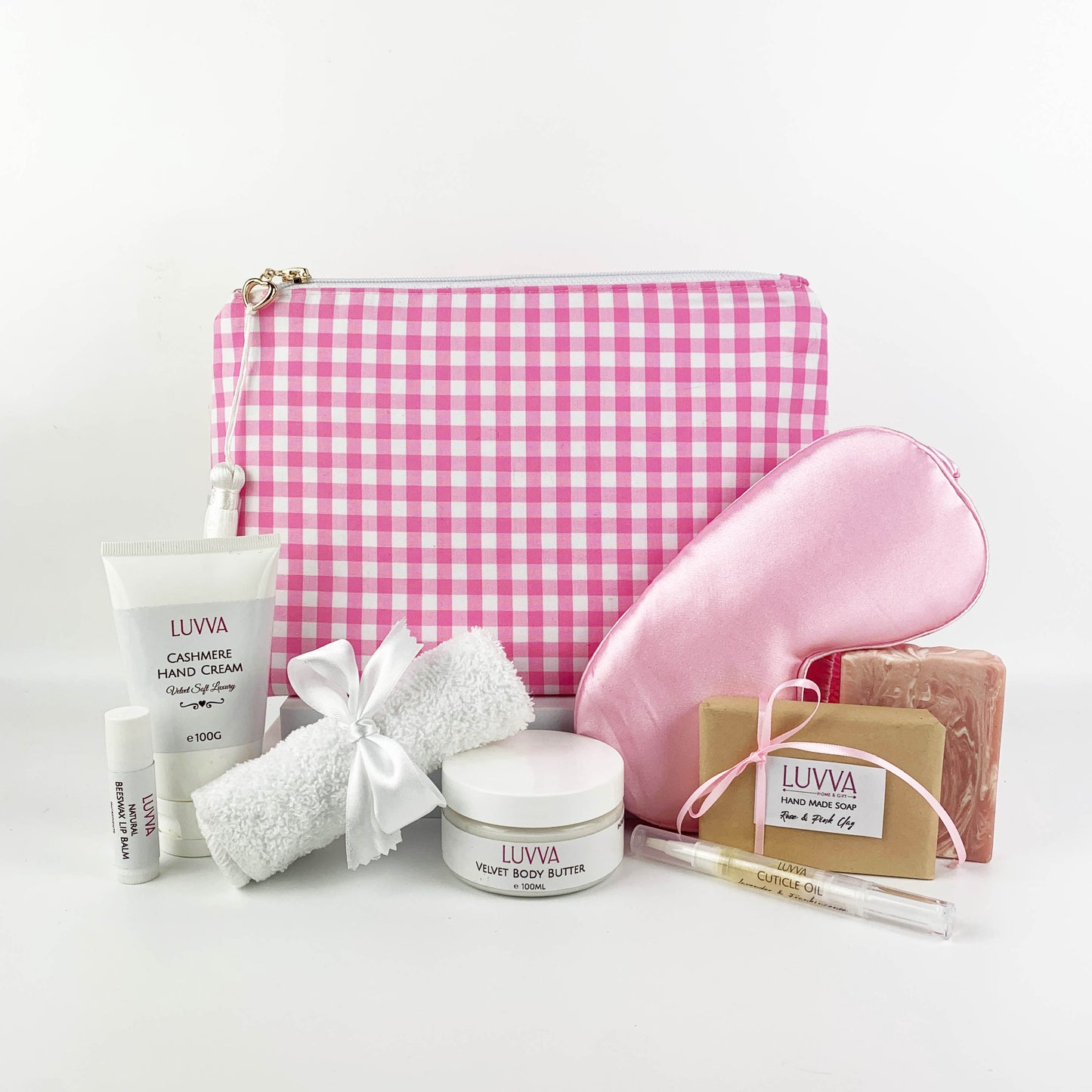 Skincare and Pink Gingham Makeup Pouch Gift Set