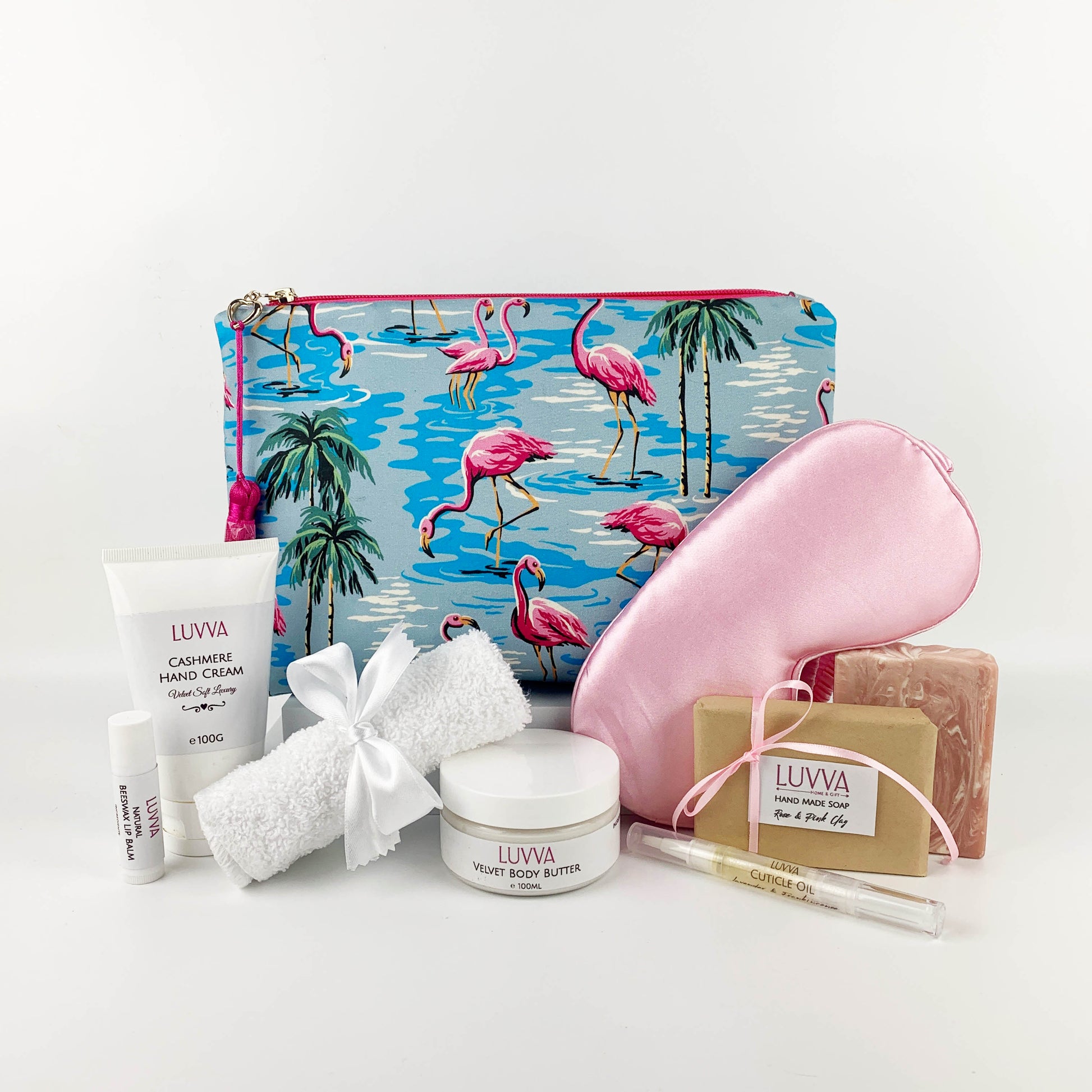 Skincare and Large Flamingo Print Makeup Pouch Gift Set